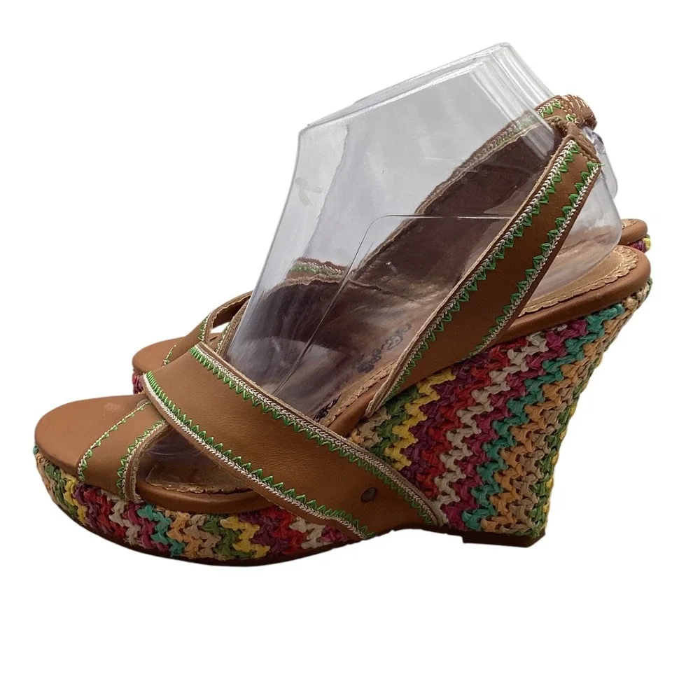 Naughty Monkey Women Tan Leather Woven Straw Platform‎ Wedge Sandals Multi-Color